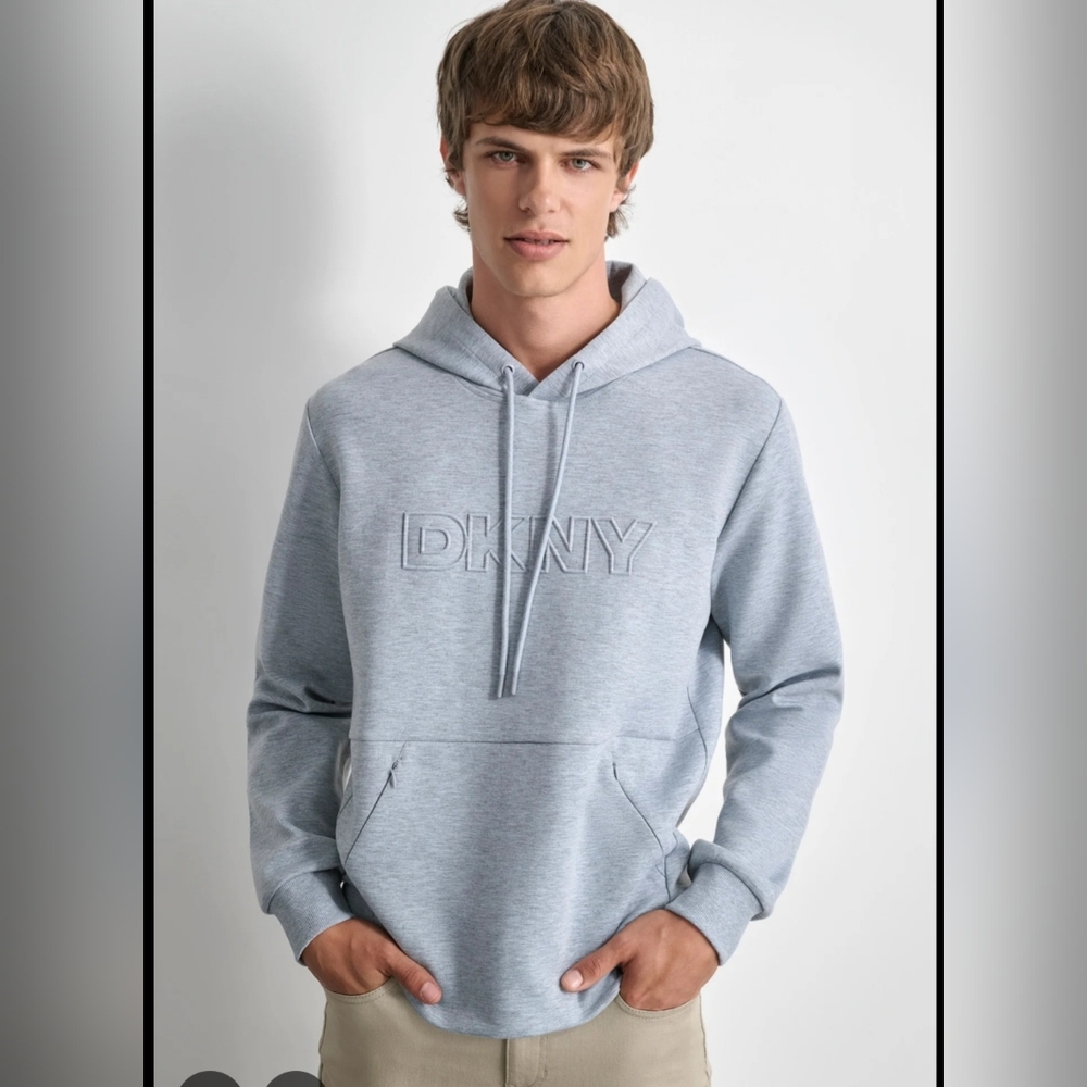 DKNY EMBOSSED LOGO SCUBA KNIT GREY HOODED SWEATSHIRT SIZE SMALL NWT